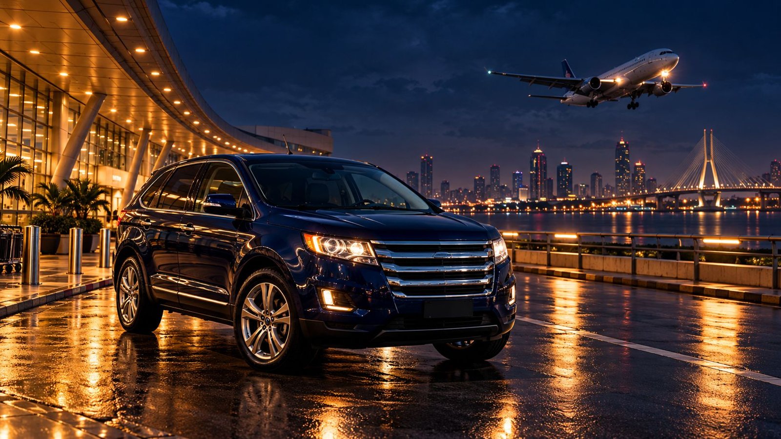 A navy vehicle outside an illuminated airport, with a plane overhead; illustrative RideArrivo brand scene